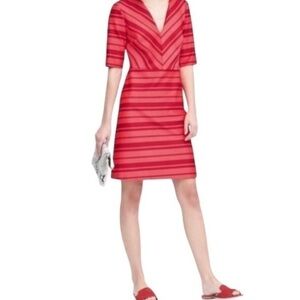Banana Republic Red & Pink Chevron Stripe V-Neck A-Line 3/4 Sleeve Dress Size 6